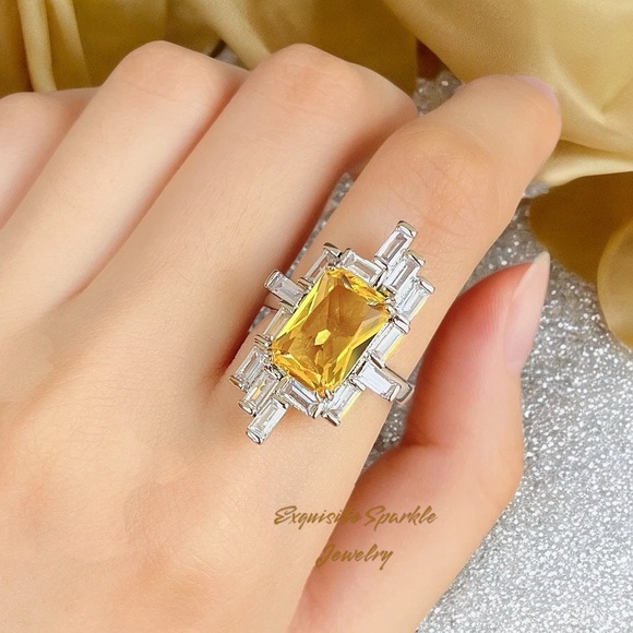 🎨Baguette Cut Yellow CZ Diamond Art Deco Style Ring